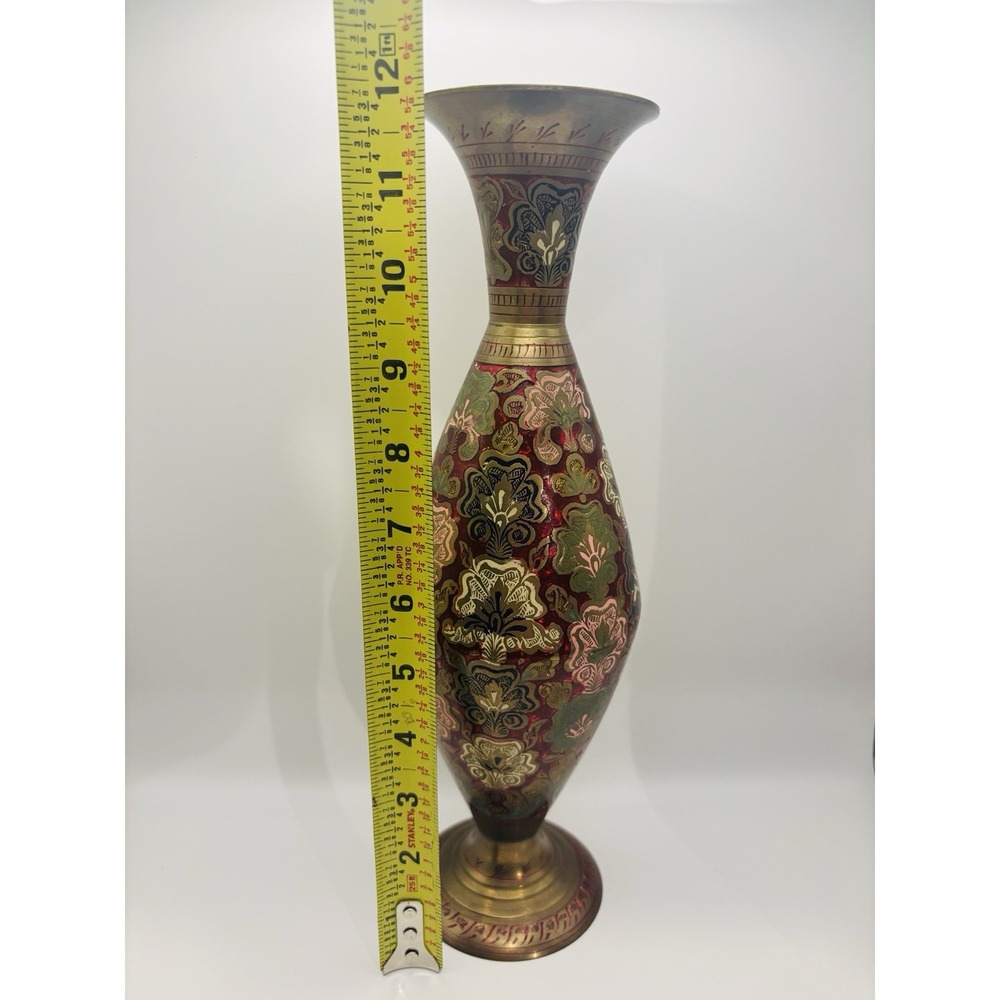 Vintage Indian Brass Vase Ornate Enameled Etched Floral Boho Red Green Gold - Picture 7 of 8